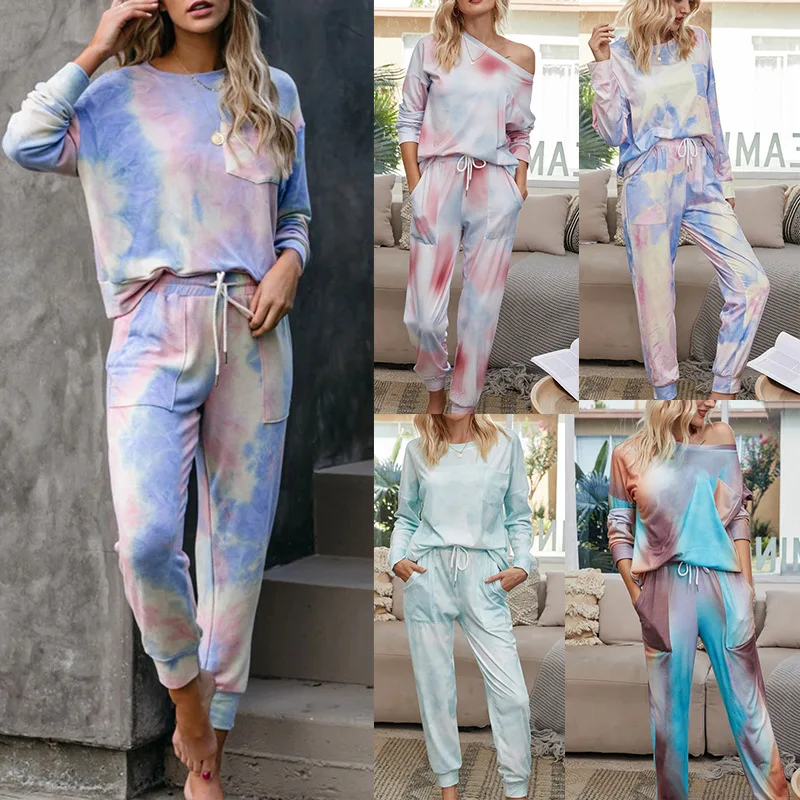 

European and American women's 2020 autumn and winter Clothing set gradient pajamas tie-dyed long-sleeved trousers two-piece suit