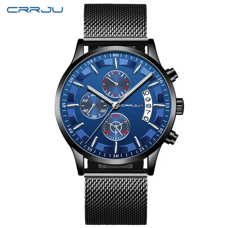 M Black Blue CRRJU Топ люксовый бренд для мужчин бизнес аналоговые кварцевые часы из нержавеющей стали ремешок наручные часы Relogio Masculino часы Horloges Hours - Цвет: M Black Blue