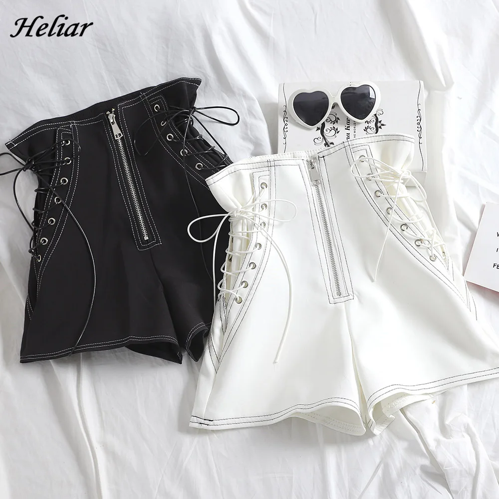 

HELIAR PU Leather Shorts For Women Cross Bandage Short Fashion High Street Solid PU Shorts Slim Sexy Ripped Shorts Women 2020