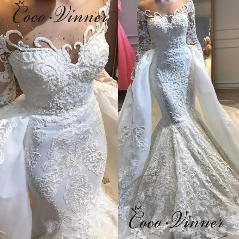

Beaded Lace Appliques Dubai Luxury Wedding Dress 2 IN 1 Style Mermaid Wedding Dresses With Detachable Tail Bride Gown W0625