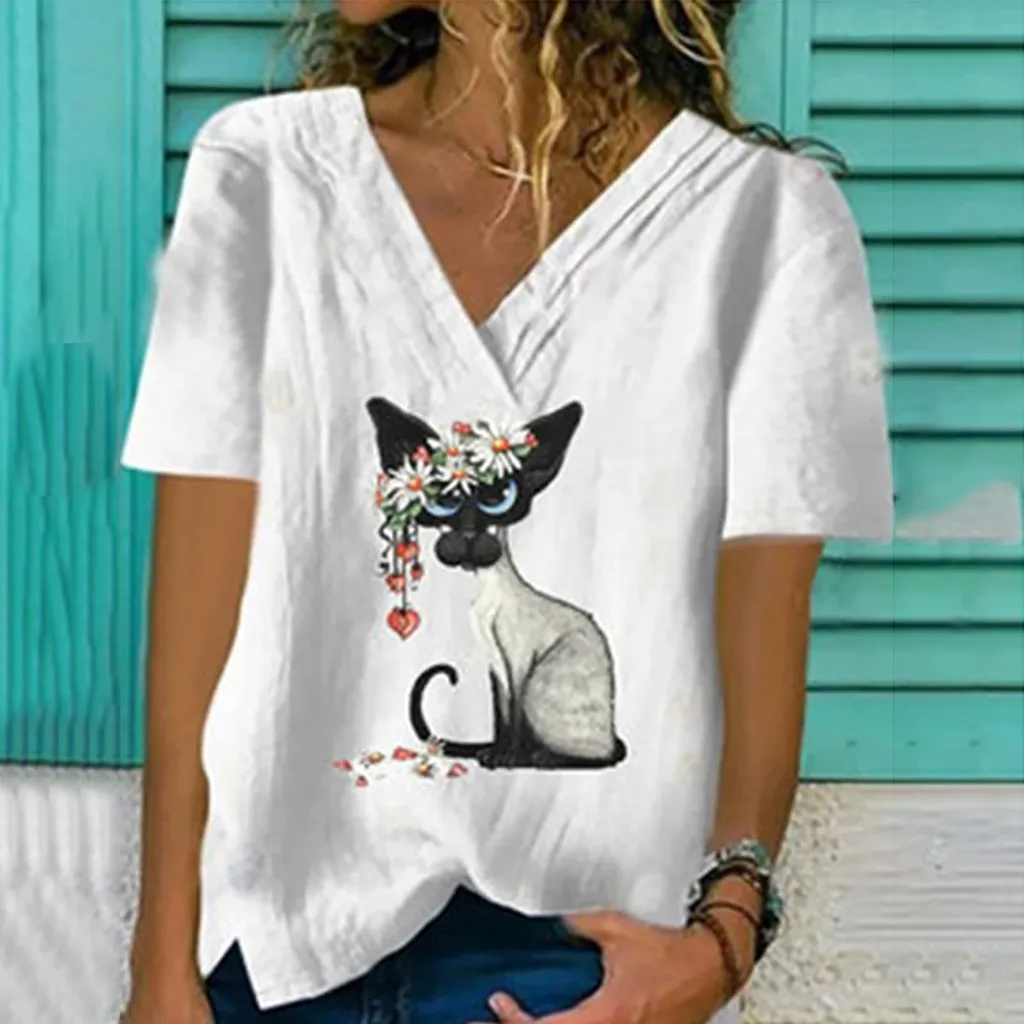 2020 женская футболка с цветочным принтом коротким рукавом и v-образным вырезом