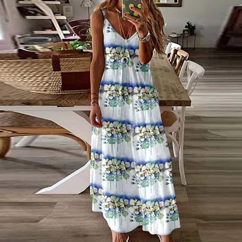 

Summer Sexy Sling V-Neck Print Maxi Boho Dress Women Vintage Pattern Party Dresses Casual Sleeveless Loose Beach Dress Vestidos