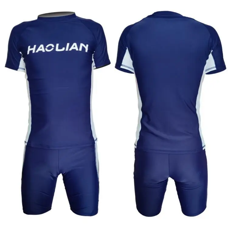 New Men's Swimwear Suit Short-sleeved Shirt Boxer Swim Trunks Loose XL Split Swimwear Quick-drying - Цвет: Navy 9590
