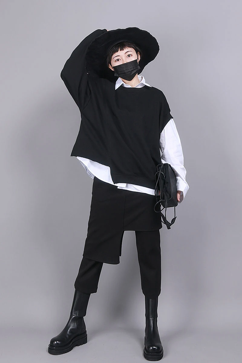 

[EAM] High Elastic Waist Asymmetrical False Two Harem Trousers New Loose Fit Pants Women Fashion Tide Spring Autumn 2021 1R858