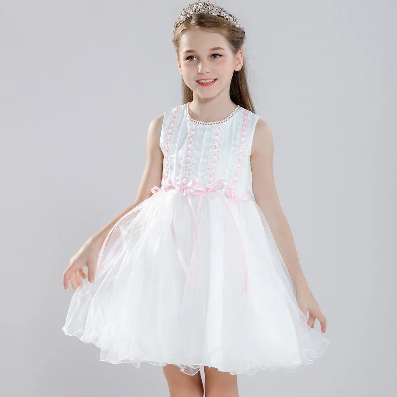 

Sweet Kids Girls Princess Tutu Dress Summer Sleeveless White Embroidery Mesh Fairy Flower Party Gowns Infant Baby Formal Dress