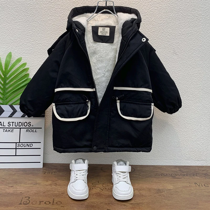 Зимние куртки с капюшоном для мальчиков 2-10 лет Тренч теплые парки пальто средней