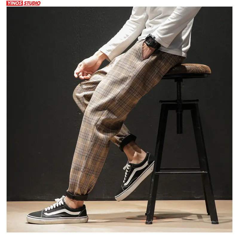 

PADEGAO Dropshipping Japanese Streerwear Men Plaid Pants Autumn Fashion Slim Man Casual Trousers Korean Harem Pants PDG1588