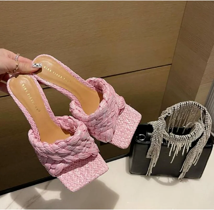 

2021 Summer Women Slipper Fashion Brand Weave Slides Ladies Elegant Thin High Heel Outdoor Female Sandals Shoes Plus Size 41