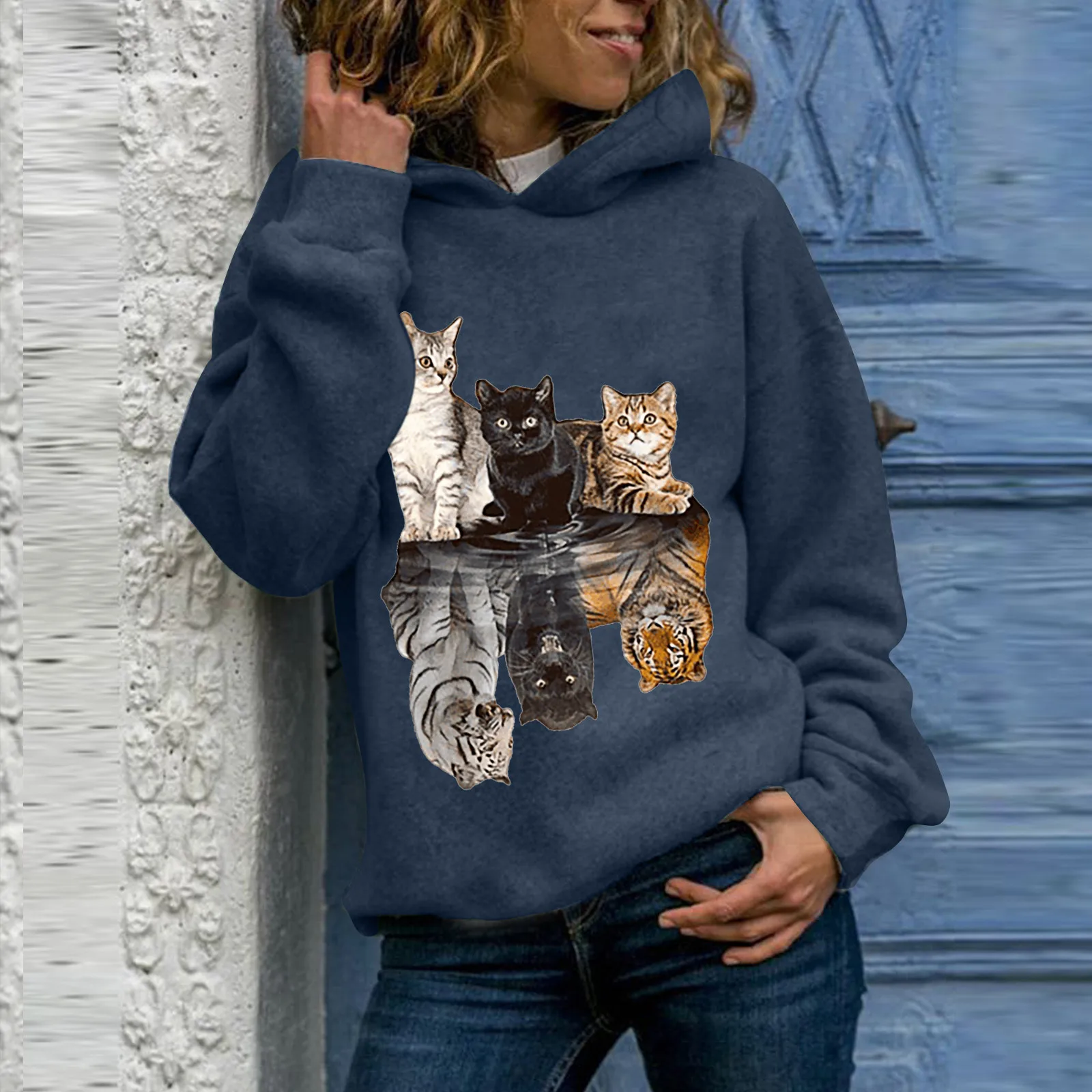 

Harajuku Cat Print Hoodie Women Hoody Animal Printing Sweatshirts Long Sleeves Pullover Tops Sweatshirt Streetwear Hoodies