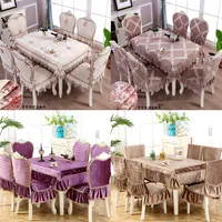 High Grade Luxurious Chenille\Linen Dining Table cloth set 1PCS Lace Tablecloth Round ectangle 6PCS Chair Cover Bundle Sale
