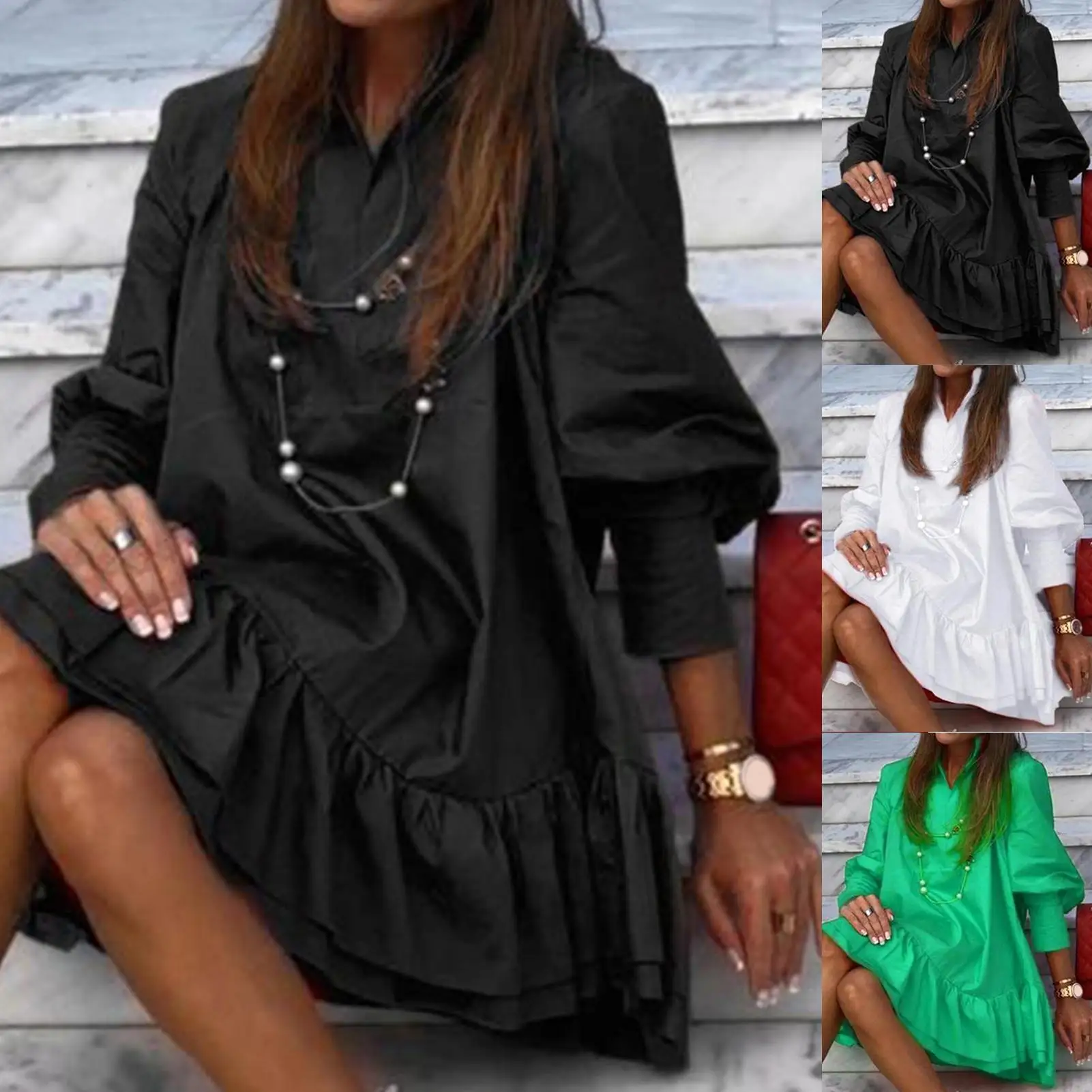 

Women Office Elegant Dtreetwear Solid Color Ruffle Long Puff Sleeve Large Hem Loose Mini Dress