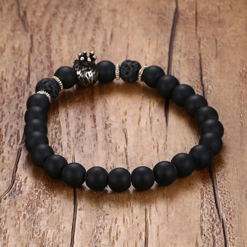 Lava Stone черная голова льва в короне мужской браслет Амулет из бусин