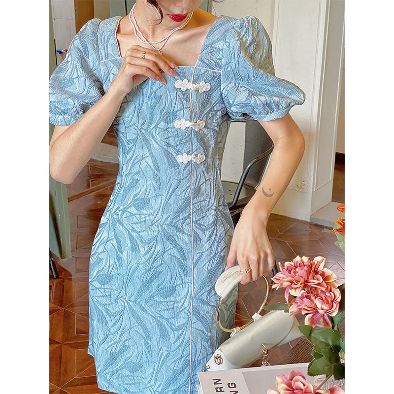 

Elegant Embroidery Puff Sleeve Chinese Dress Summer High Waist Traditional Cheongsam Fancy Women Qipao Dress