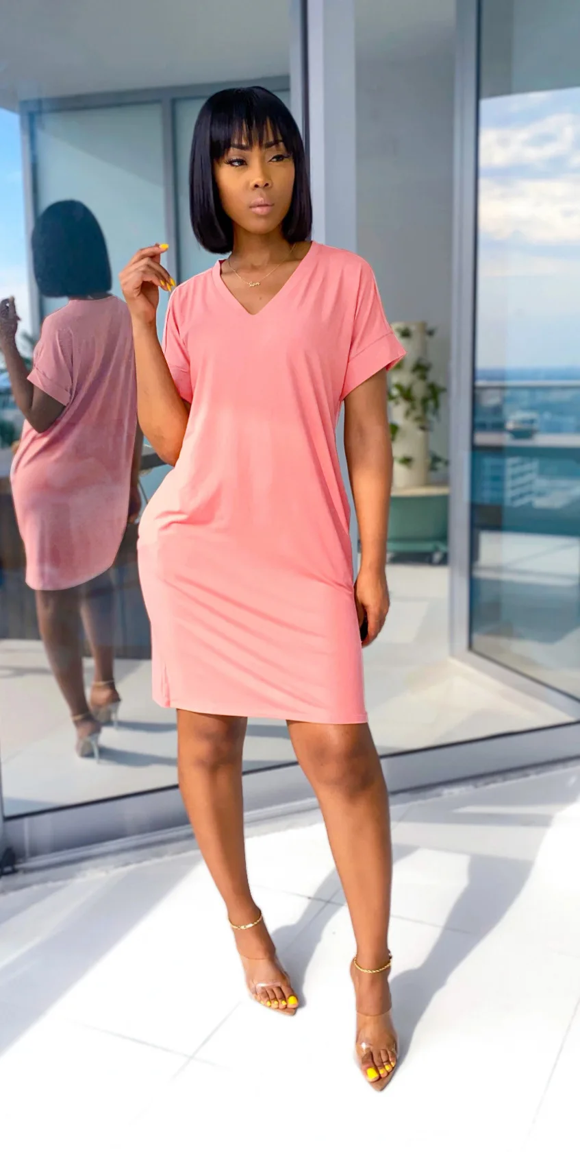 

2021 Dress Women's V-Neck Solid Color Short-Sleeved Casual Loose T-Shirt Dress Pocket Skirt Slim Slimming Fashion Skirt New