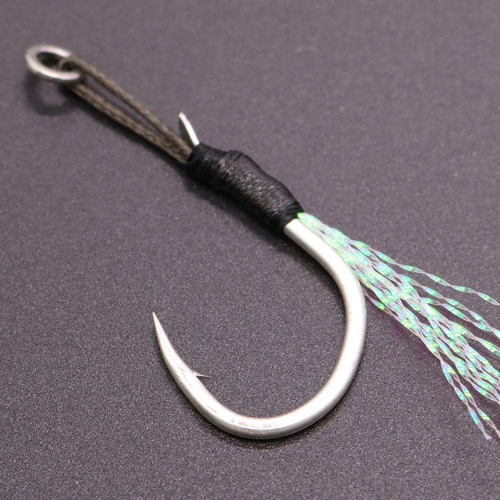 

CASTFUN 10pcs 12# 14# 16# 18# Metal Jig Hook High Carbon Steel Assist Hooks With Feather Line Fishing Hook Slow Jig Hook
