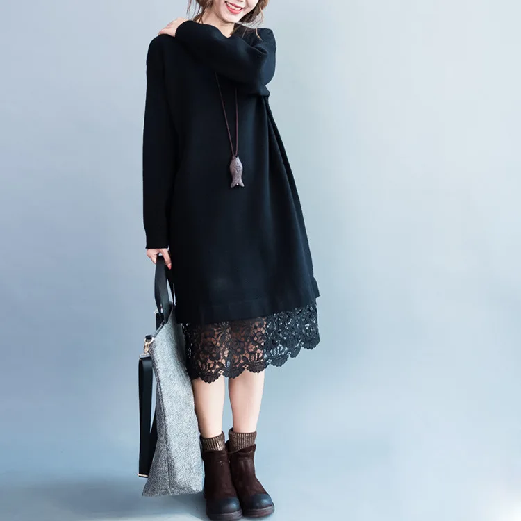 

2019 Lace patchwork casual long dress large size straight loose plus size dress black elegant Winter women dress big size