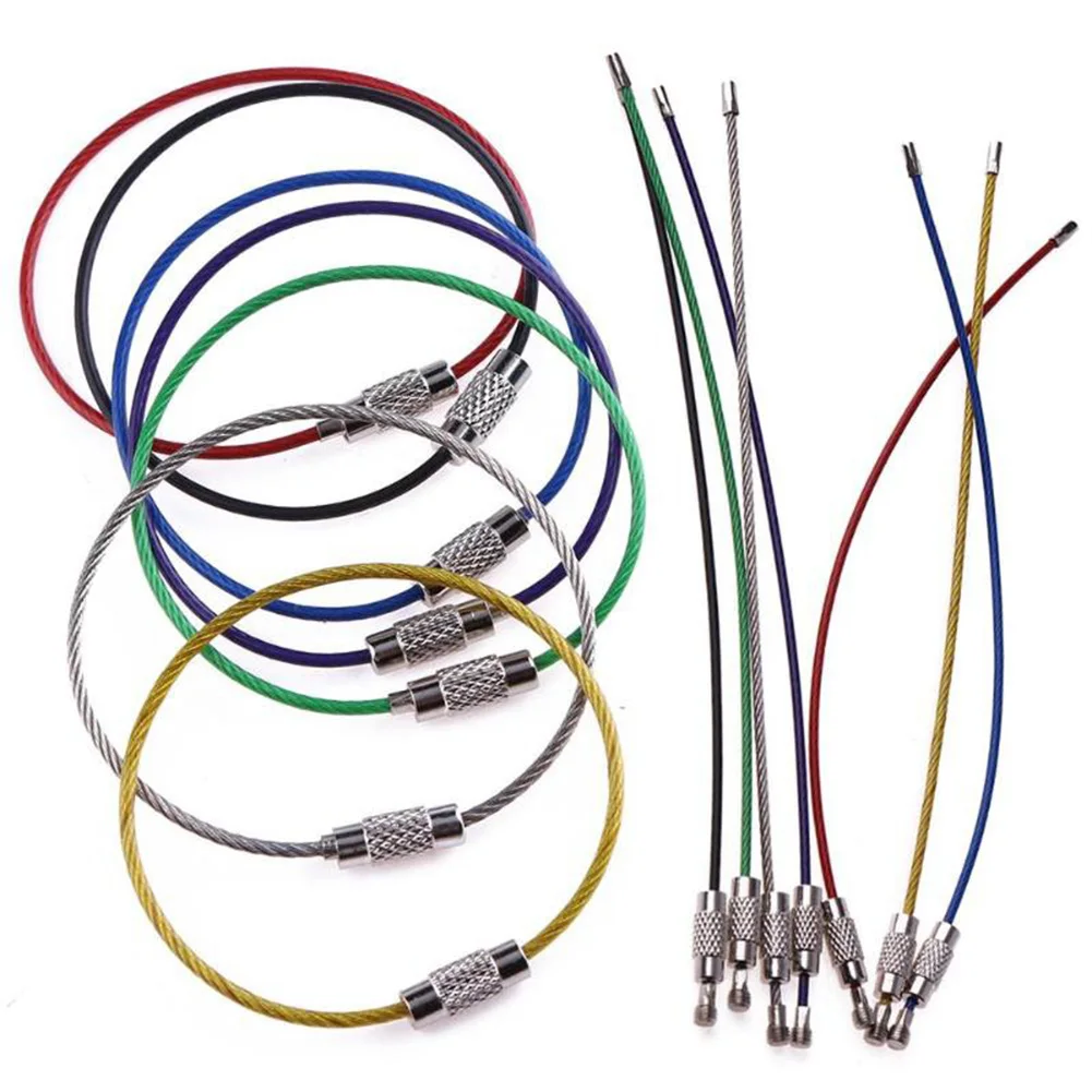 

Stainless Steel Keychain Tag Rope Wire Cable Loop Screw Lock Gadget Ring Key Keyring Circle Camping Rope Fittings Carabiner