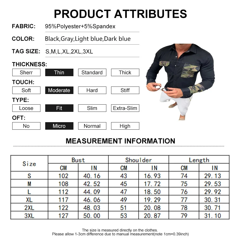 Men Slim Denim Shirt Loose Casual Jacket Stitching Polo Collar Jacket Top Men Camouflage Patchwork Long Sleeve New Male Shirt