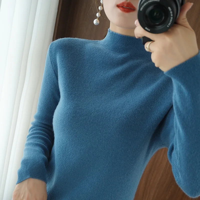 

Autumn and winter new 2020 solid color wool sweater women half high neck slim bottoming shirt short women sweater knit top