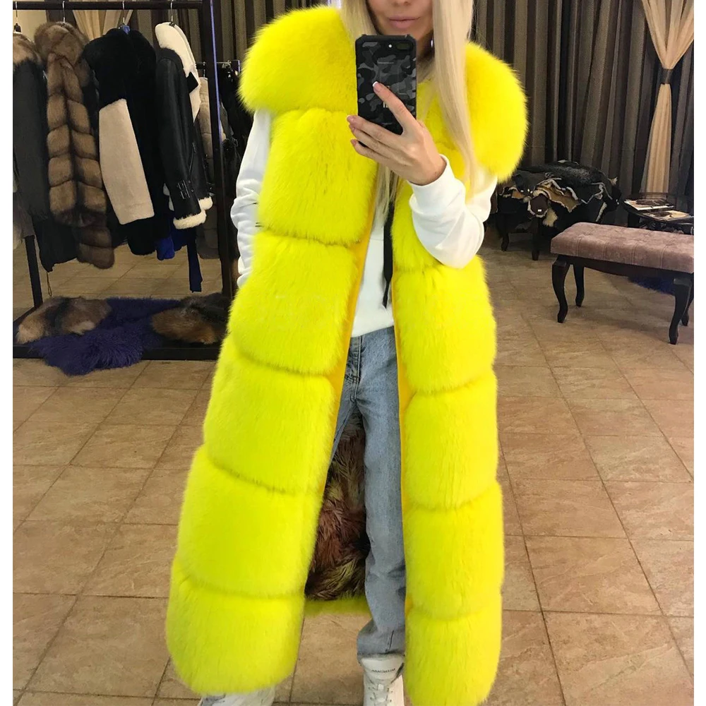 Long Real Fox Fur Coat Short Sleeve Fashion Yellow Color Whole Skin Genuine Fox Fur Coats Female Outwear Winter Fur Overcoats