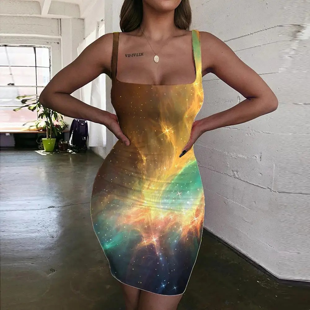

Giyu Galaxy Dress Women Space Halter Sleeveless Nebula Vestido Sexy Universe Bodycon Dress Womens Clothing Party Short Boho