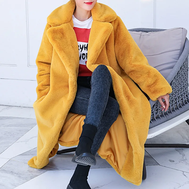 Ginger yellow Женское зимнее длинное пальто с искусственным кроличьим мехом и капюшоном, корейское толстое теплое пальто с рукавом летучая мышь для женщин, Повседневная модная утолщенная верхняя одежда - Цвет: Ginger yellow
