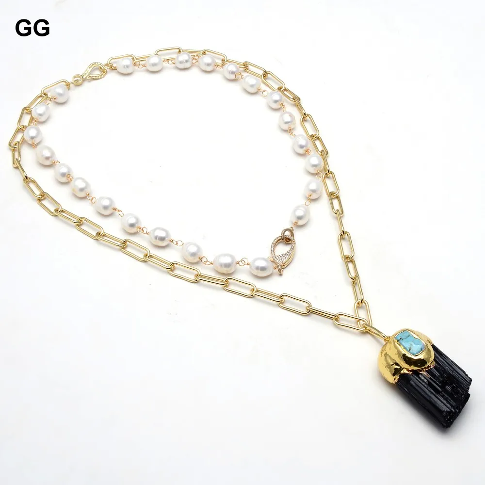 

GG Jewelry Natural Freshwater White Rice Pearl Chain Statement Necklace Black Tourmaline Rough Pendant 18" For Women
