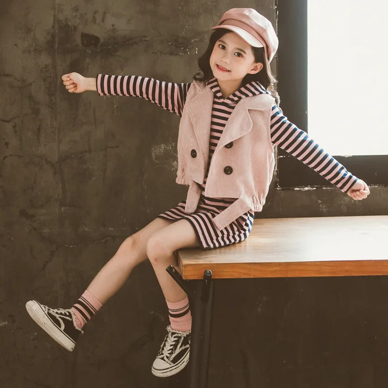 2021 Stripe Spring Autumn Children Clothes Baby Girls Hooded Sweatshirts + Vest Kids Teenagers Tracksuit Sport Suits Outwear