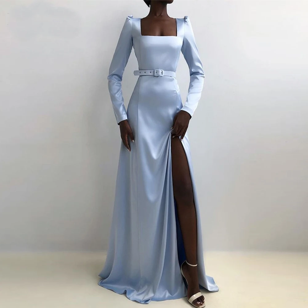 

Длинные вечерние платья с квадратным вырезом, 2021, простой сатин, синее ТРАПЕЦИЕВИДНОЕ платье для выпускного, с длинными рукавами, с разрезом...