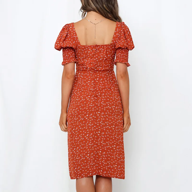 

Casual Vintage Print Women Dress Summer Elegant 2020 Women Slim Maxi Dress Puff Sleeves Dress