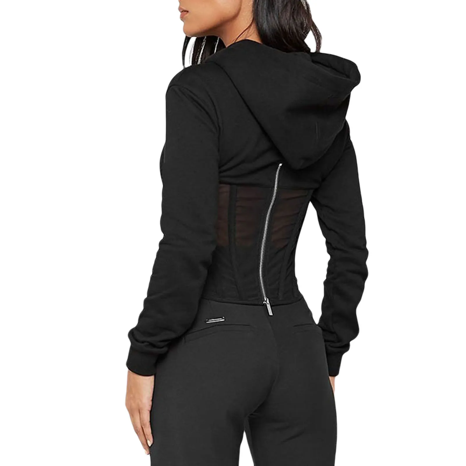 

Women's Fashionable Sweater, Long Sleeve Hooded Lace Mesh Patchwork Top for Spring, Summer and Fall