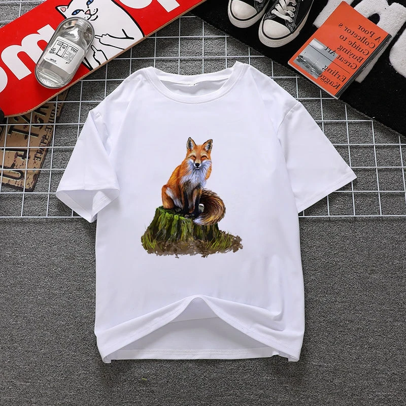 

Cartoon Cute Fox Printed Ladies T-shirt O-Neck Harajuku Graphic T-shirt Short Sleeve Summer TShort Top Fun Tee T-shirt Women