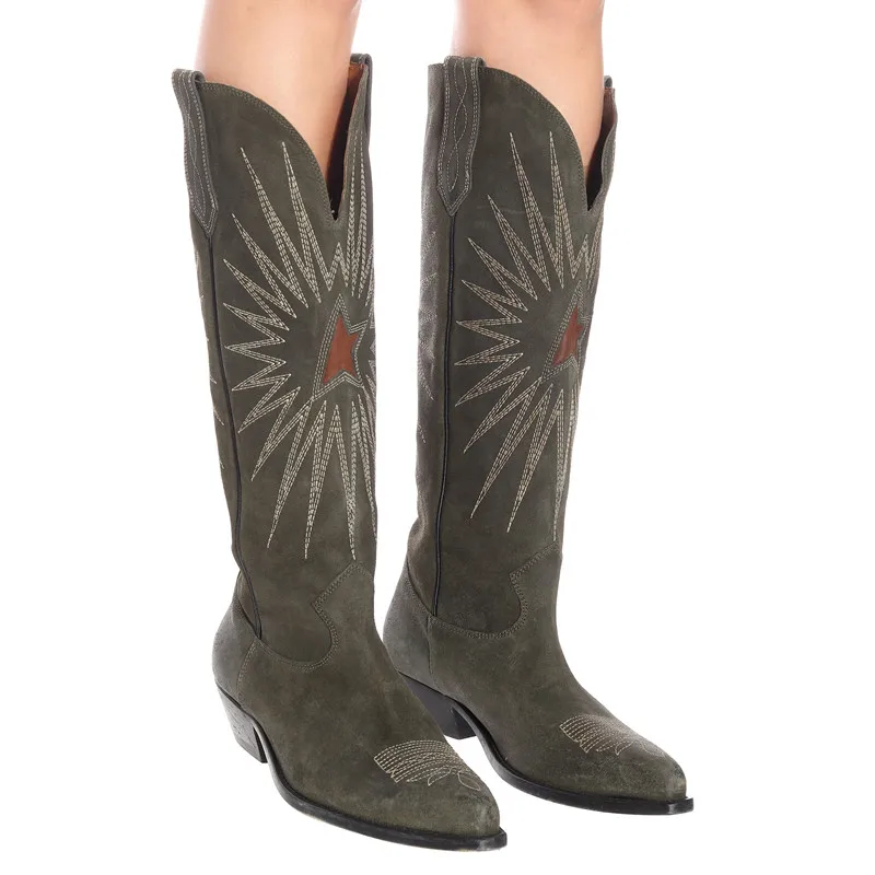 Grey Сапоги с вышивкой; женские сапоги с острым носком, украшенные вышивкой; Bottes; узкие сапоги до середины икры с вышивкой в виде звезд; Botas; коллекция года; сезон осень-зима; Новое поступление; сапоги; Mujer - Цвет: Grey