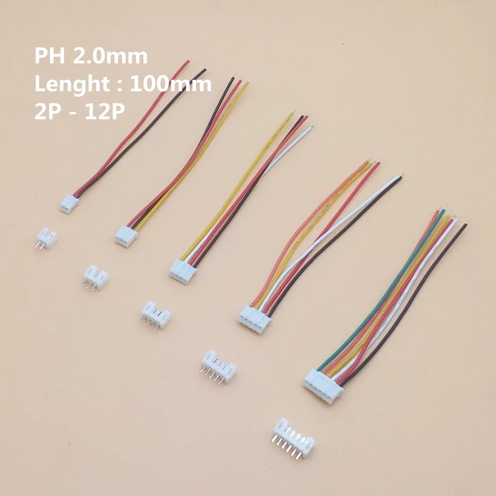 

10Sets PH2.0 Mini Micro JST 2.0 PH Male Female Connector 2/3/4/5/6/7/8/9/10-Pin Plug With Terminal Wires Cables 100MM 26AWG 10cm