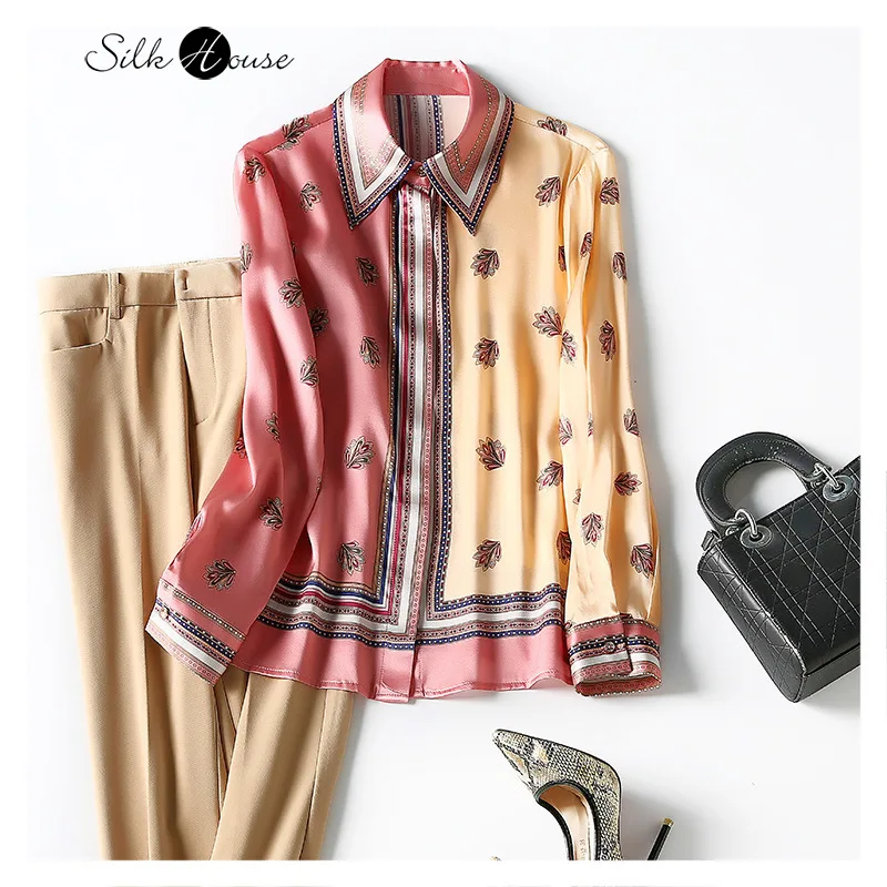 

2021 Early Spring Single-row Button-up Long-sleeved Cardigan Silk Pink Rips Print Temperament Commuter Women's Shirt