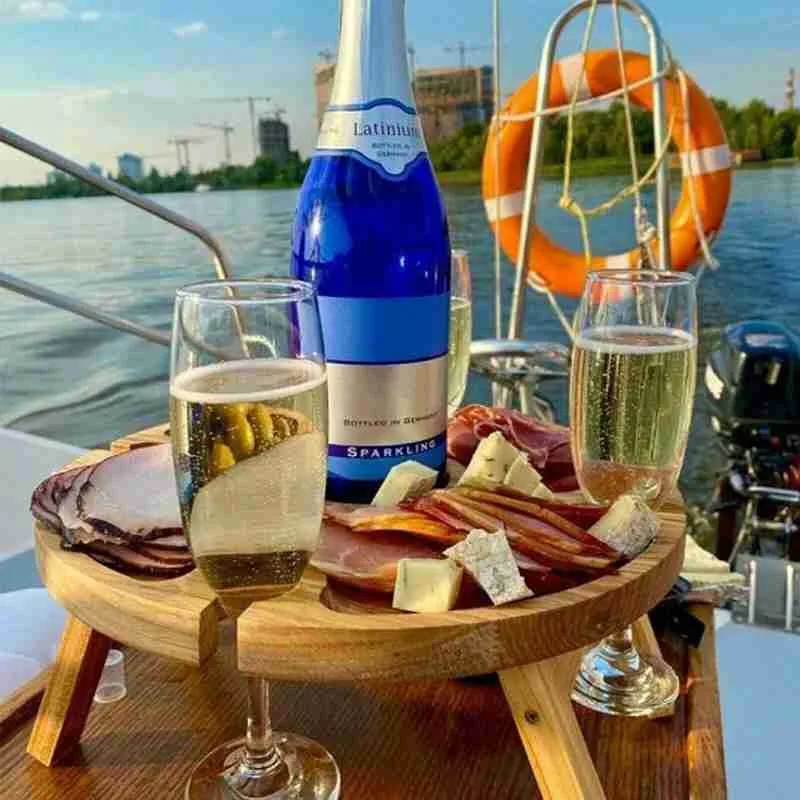 

Wooden Outdoor Garden Folding Picnic-table With Glass Holder 2 In 1 Wine Glass Rack Fruit Wine Table Wooden Table Easy Carry