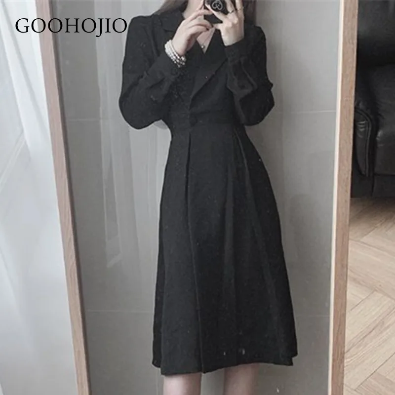 

GOOHOJIO 2020 New Autumn Winter Dress Women High Waist Thin Chic Dress for Ladies Temperament Solid Color V-neck Women Dress
