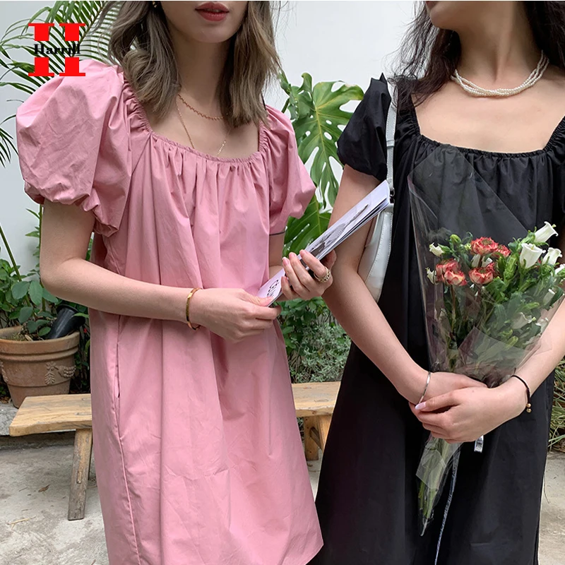 

Shirring Puff Sleeve Dresses Female Mid-Calf A-Line Dress Summer Women Clothes Square Collar White Dress Cotton Ladies Vestidos