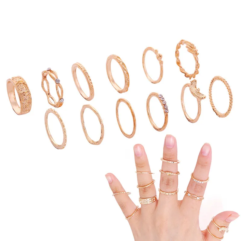 12 шт./компл. Ретро винтажный комплект колец на фалангу золотого и серебряного