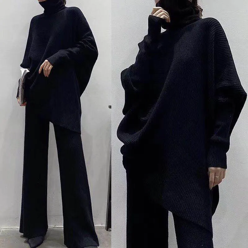 

Winter Thicken Warm Women Sweater Set Turtleneck Irregular Pullovers & Wide Leg Knitted Pants 2021 Autumn Winter