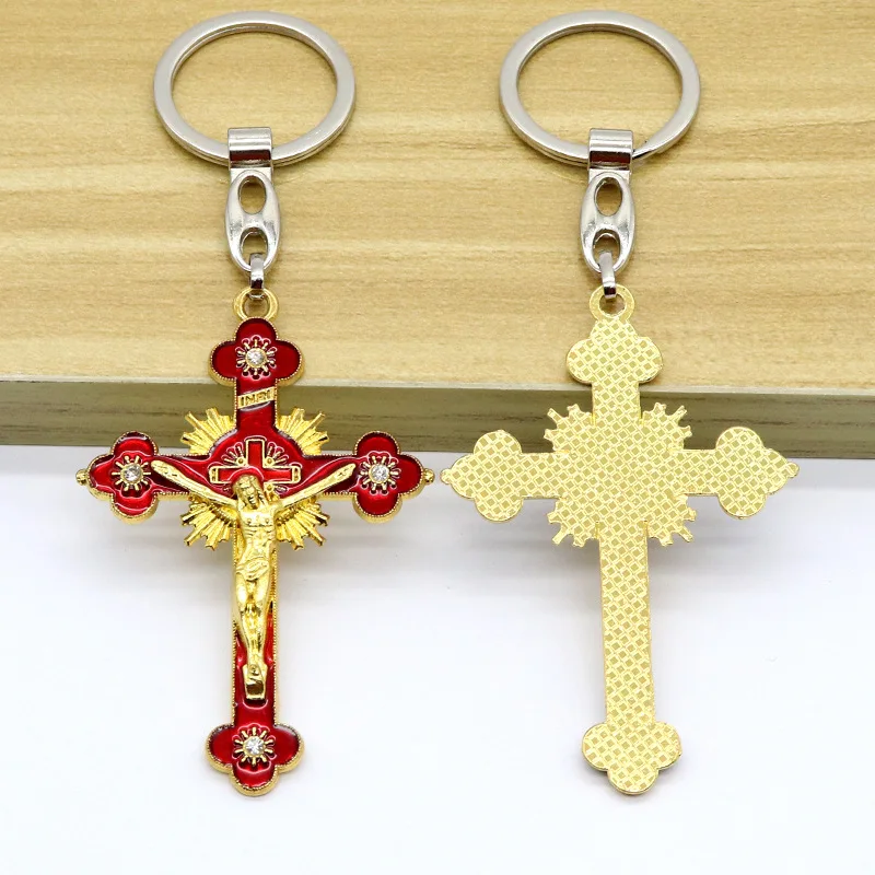 

Crystal Cross Keychains Gift Catholic Christian Key Chain Gold Jesus 8 Colors Pendant Jewelry Saint Benedict Keyring 2021