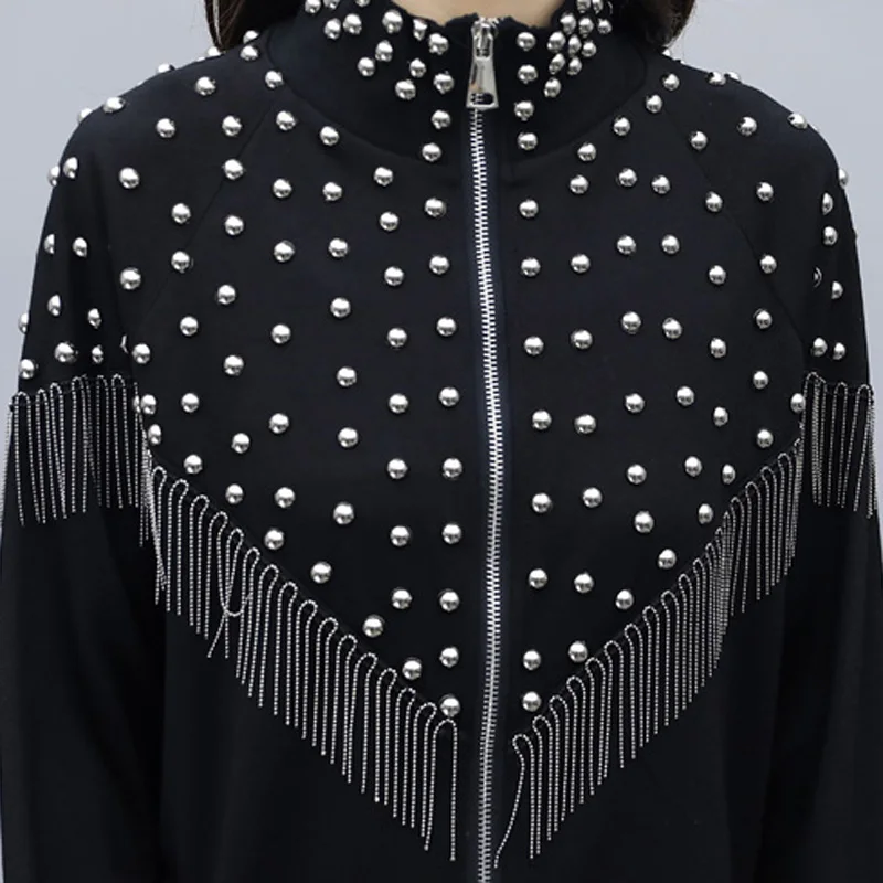 

Spring Women Black Two Piece Set Plus Size Long Sleeve Rivet Tassel Coat Tops And Pants Matching Set Outfit Tracksuit Sport Suit