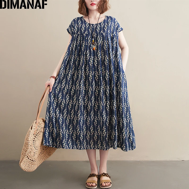 

DIMANAF Oversize Summer Dress Women Beach Sundress Holiday Long Dress Oversized Vestidos Print Lady Loose Casual Dresses 2021