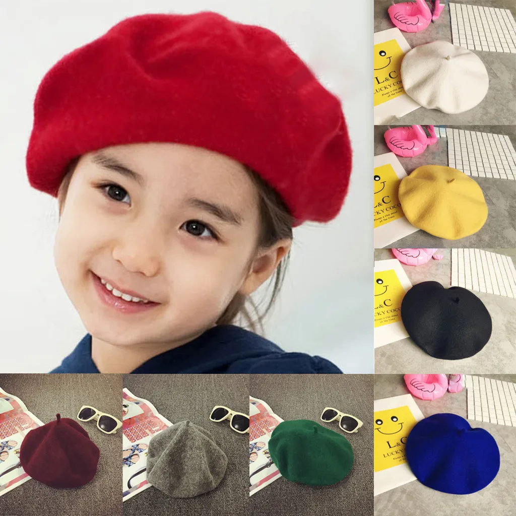 Children Winter Hat Girls Stretch Beret Retro Wool Pure Color Head Scarf Wrap Cap 2-7 Years Kids Fashion C800# | Детская одежда и