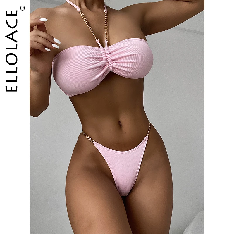

Ellolace Halter Micro Bikini Swimwear Women Bandeau Swimsuit Padded Bikini with Train Monokini Banthing Suit Solid Sexy Bikini