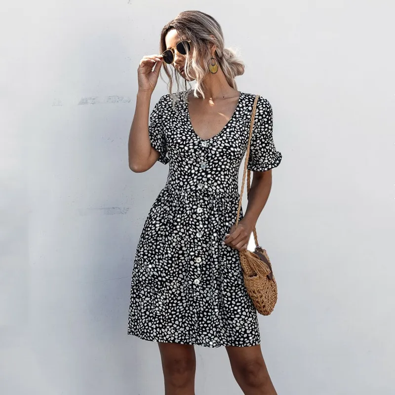 

Sexy Summer Dress Women Polka Dot Deep V Neck Button Pocket Print Ladies Dresses Fashion Casual Short Sleeve Mini Dress Vestidos