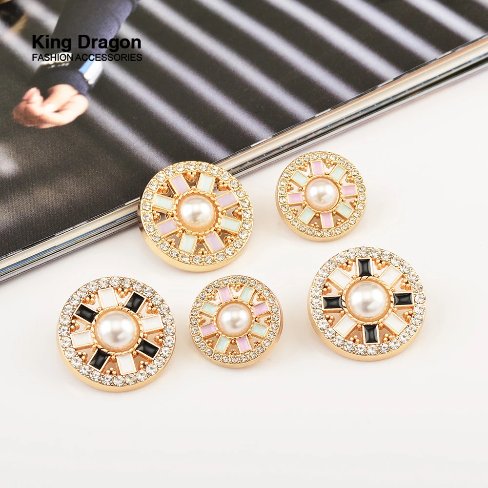 

New Arrival 6PC Gold Rhinestone Decor Metal Flower Pearl Buttons For Clothes Coat Cardigan Sweater Sew Needlework KD886