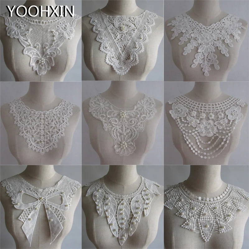 

NEW white beads cotton Embroidery Lace Fabric DIY applique collar trim ribbon neckline craft Sewing guipure wedding dress decor