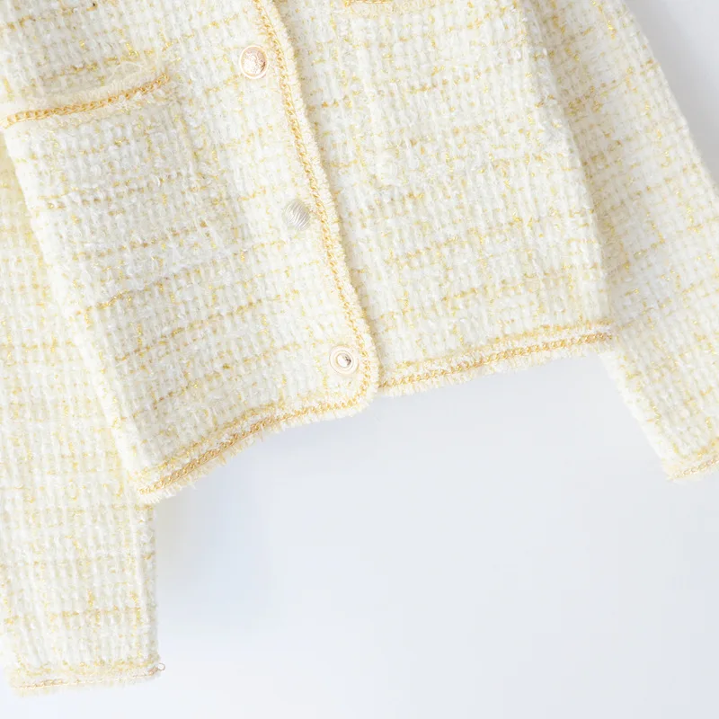 

Lurex Plaid Jackets Women Knitted Coat 2020 Autumn Winter Gold Chain Edged Double Pocket Short Cardigan Knitted Overcoat
