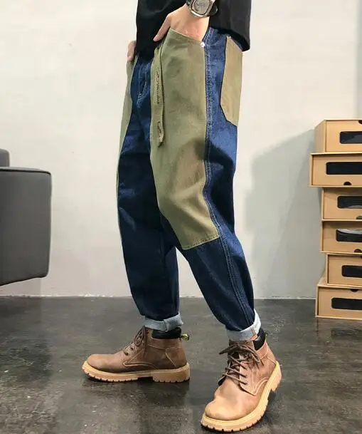 Retro Loose Multi-Pocket Jeans Men Baggy Trousers Patch Jeans Street Color Block Cargo Jeans